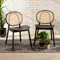Baxton Studio C16-Black-Beechwood/Rattan-DC Halen Mid-Century Modern Brown Woven Rattan and Black Wood Finished 2-Piece Cane Dining Chair Set<